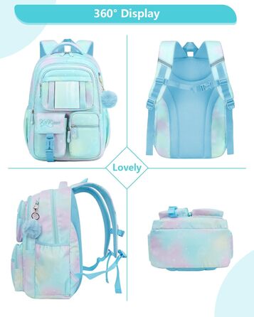 Рюкзак для дівчинки Tanou - шкільний ранець для 1-4 класів, дихаючий, водовідштовхуючий, нейлон, блакитний