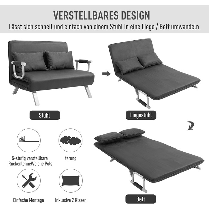 HOMCOM Convertible Sofa Bed with Adjustable Backrest, Throw Pillows, and Sleep Function