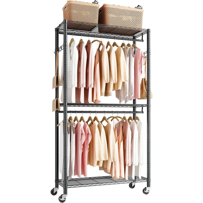 Вешалка для одягу VEVOR з 4 перекладинами, 8 гачками та 385,5 кг вантажопідйомністю, відкрита шафа для одягу, 3 полиці