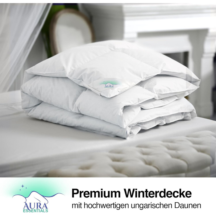 Пухова ковдра Aura® 135x200 см, зимова, преміум угорський пух, клас I, Oeko-TEX 100, гіпоалергенна, легкий догляд, 100% бавовна, для зими