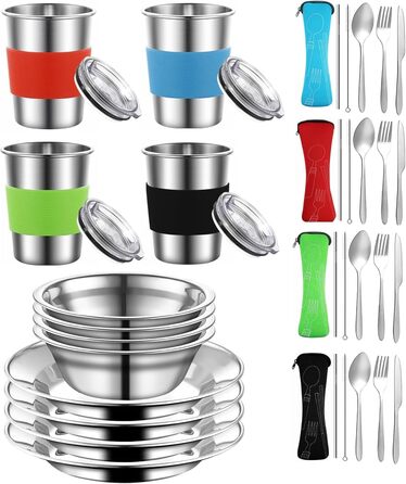 Набір для кемпінгу з нержавіючої сталі: посуд, столові прилади на 4 особи, у сітчастій сумці