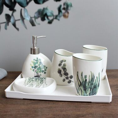 Bathroom Accessories Set, Gold Marble Look, Modern 6-Piece Bathroom Accessories Set, complete with soap dispenser, toothbrush holder, cup, tray, and countertop (Vegetal)