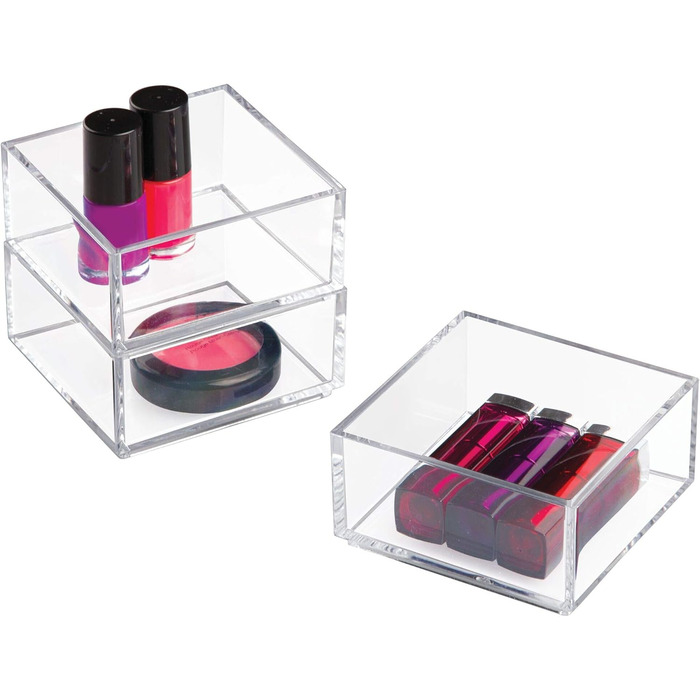 iDesign Drawer Organizer Box for Bathroom or Kitchen, Very Small Drawer Organizer in BPA-Free Plastic, Stackable Makeup Storage for Cosmetics, Transparent (Pack of 2)