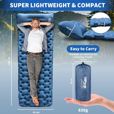 HiiPeak Self-Inflating Sleeping Pad High Camping Air Mattress with Integrated Headrest Outdoor Camping Mat Sleep Mat Small Pack Size with Foot Pump Air Cell Pad Inflatable Blue