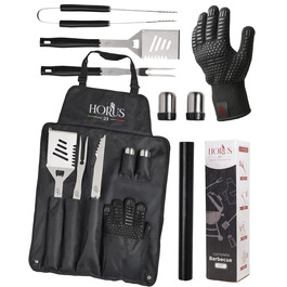 HORUS 23 Набір гриля з аксесуарами з нержавіючої сталі: щитківка, рукавиці для захисту від тепла, килимок для гриля - подарунок для чоловіків
