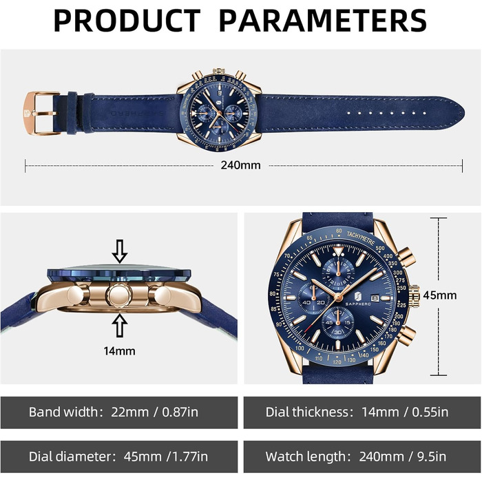 Годинник чоловічий BENYAR з коричневим шкіряним ремінцем, кварцовий хронограф, дата, календар, водостійкий, спортивний, з блакитним циферблатом (золотий корпус)