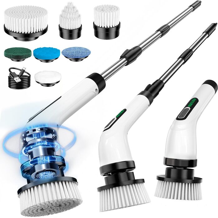 Електрична щітка для прибирання FYDEE IPX7 з 7 насадками та регульованою ручкою. Бездротовий Power Scrubber для ванної, кухні, авто та підлоги.