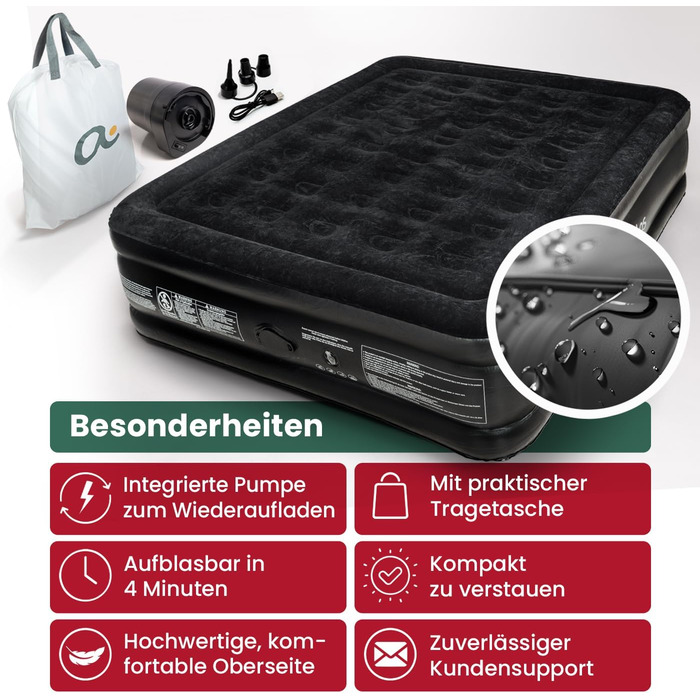 Надувне ліжко Aerios для 2 осіб з самонадувною системою | Преміум гостьове ліжко без кабелю живлення з інтегрованим USB-C насосом | Надувне ліжко, вибір розміру (Чорний, двоспальне)