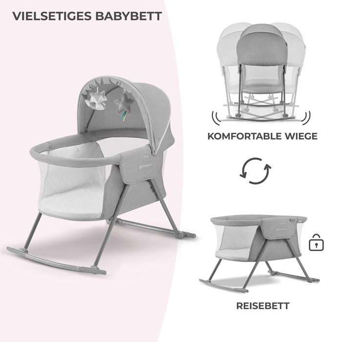 Kinderkraft 3-in-1 Crib LOVI, Travel Crib, Moses Basket, Baby Bassinet, Baby Bouncer, Foldable, Easy Transport, with Accessories, Bag, Mosquito Net, from Birth to 9 kg, Grey Grey Single