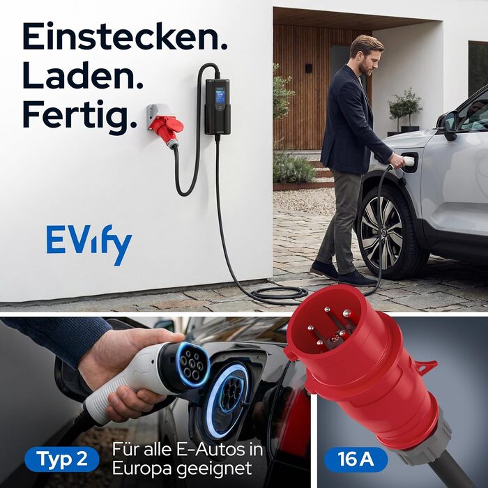 Зарядний пристрій (wallbox) для електромобіля 11 кВт Typ 2, кабель CEE 16A - Typ 2 5м, 3 фази, портативна станція, регульована потужність