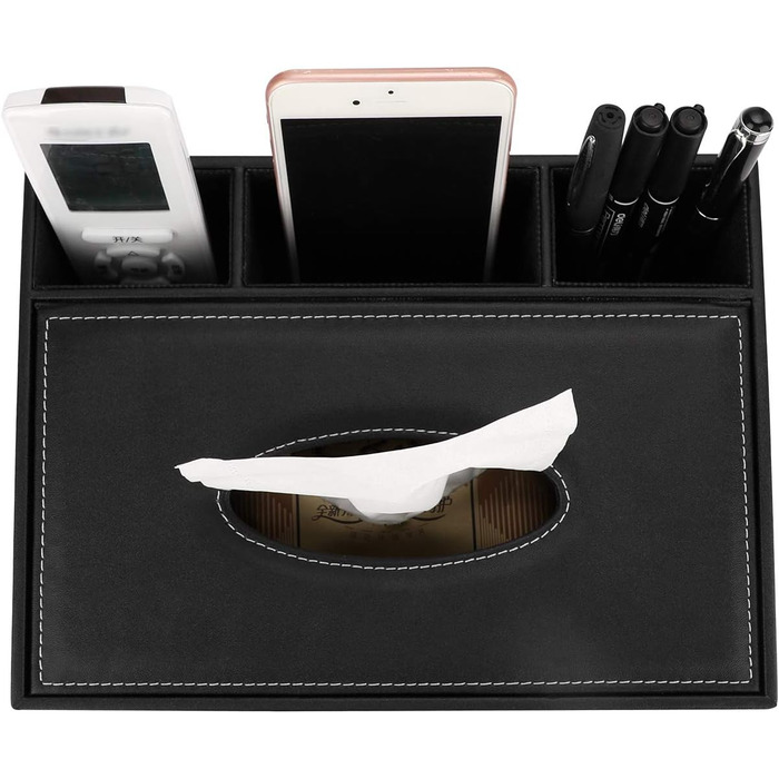 BSTKEY Rectangular Tissue Box Holder made of PU Leather with Remote Control, Storage Box (Black Flower)