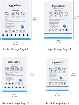 Amazon Basics Garment Bags with Airtight Valve and Hand Pump - Multiple, 3 x Jumbo, 3 x Large, 3 x Medium, 3 x Small, 12-Pack, Zipper, Transparent