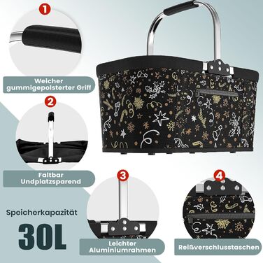 Складаний кошик для покупок на 30L з 4 стійками | Міцний кошик для перенесення та кошик для пікніка | Великий складаний кошик для сім'ї (46x27x25cm) | З м'якими ручками | Для покупок, подорожей, кемпінгу (30L, Чорний з новорічним принтом)