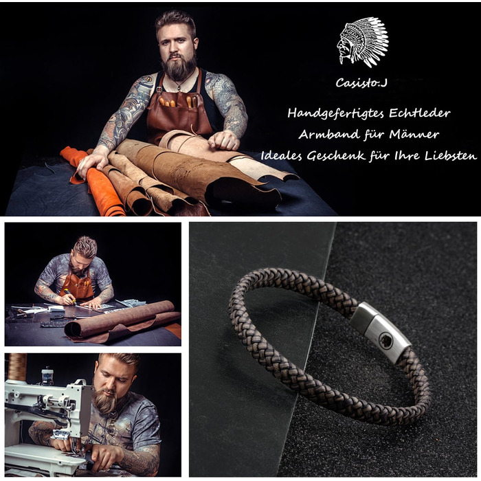 Чоловічий шкіряний браслет Casisto.J з нержавіючою сталлю, гравіювання, коричневий, плетений, з магнітною застібкою (18.0 см, індивідуальний колір - світло-коричневий)