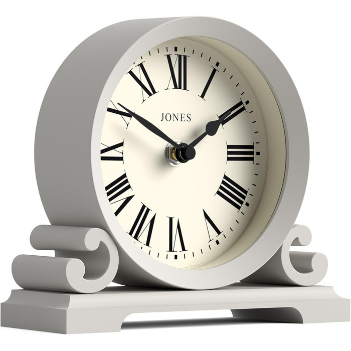 JONES CLOCKS® Saloon Table Clock | Traditional Double-Scroll Design | | Roman Numerals | Classic style for desk, table, shelf or bedside table. (Gray)