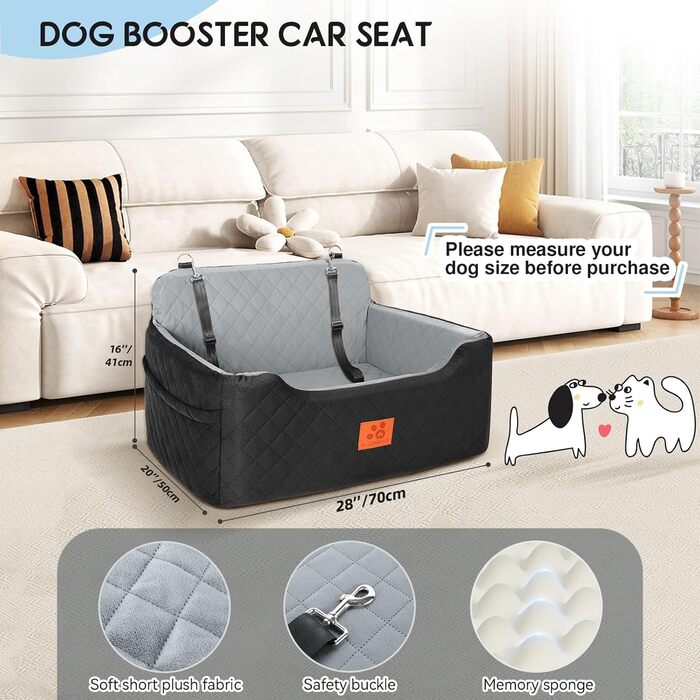 GL GLENSLAVE Dog Car Seat - Medium/Large Dogs, Up to 22kg or 2 Small Dogs - Removable & Washable Pet Car Seat (Black/Gray)