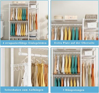 KZOBYD Clothes Rack, Freestanding Clothes Rail with Shelf Metal Wardrobe with Hanging Rods Open Closet with 4 Adjustable Shelves for Coats, Dresses, Shoes (White)