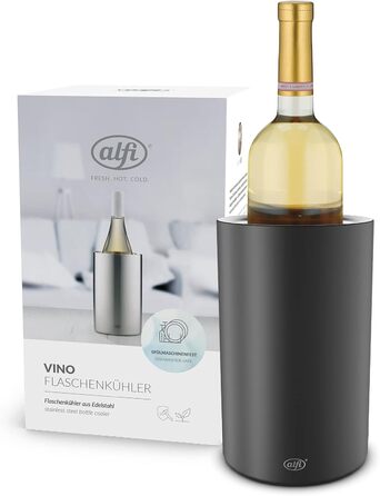 alfi SECCO, Stainless steel bottle cooler for 0.70 to 1l bottles, wine, sparkling wine, keeps drinks cool without condensation or ice cubes, cool drinks to the very last drop, dishwasher-safe, BPA-free (Velvet Black Mat, cylindrical)