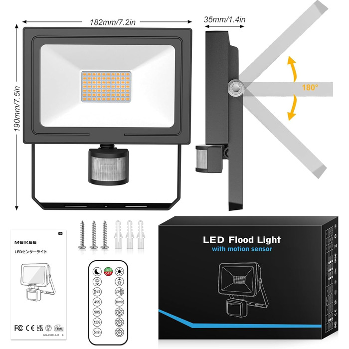 MEIKEE 15W LED Floodlight with Motion Sensor, Remote Control, 2700K Warm White, 150-1200 LM, Outdoor Floodlight LED, IP66 Waterproof Spotlight, Outdoor Light for Garden, Garage, Sports Field, 2PCS (60 Watt)