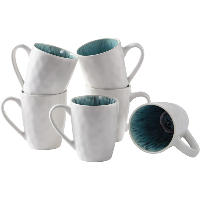 DOWAN Polar Glacier Coffee Mug Set - 6 x 470 ml Modern Stoneware Mug - Large Coffee Mug - Microwave and Dishwasher Safe - Matte White Porcelain Coffee Cups