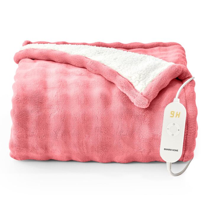 Електрична гріюча ковдра 130x180 см з таймером та захистом від перегріву, 9 режимів нагріву, функція пам'яті, рожева