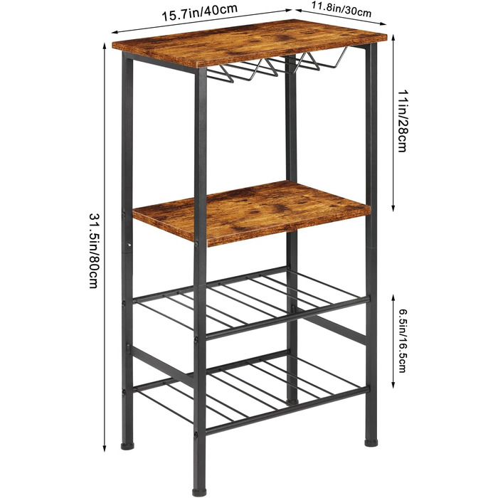 YBING Wine Rack, Freestanding, Floor Wine Bar Rack with Glass Holder and Tabletop, 8 Bottles, Wood Wine Tables with Shelves, 4 Tiers, Wine Bottle Organizer, Display Stand, Rustic Brown