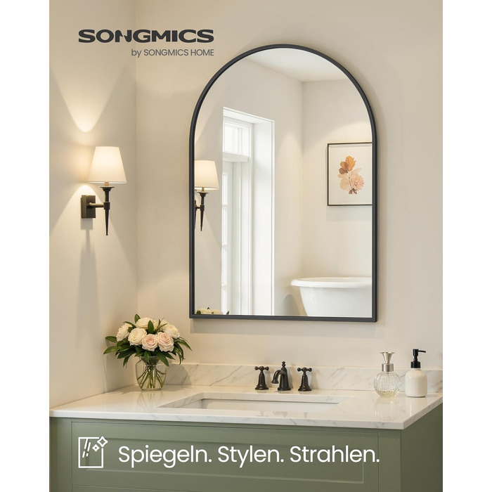 Дзеркало для ванної кімнати SONGMICS, настінне, з алюмінієвою рамою, 91 x 61 см, з захисною плівкою, 2 способи кріплення, для ванної, спальні, вітальні, LWM010BD01 (округле, чорний)