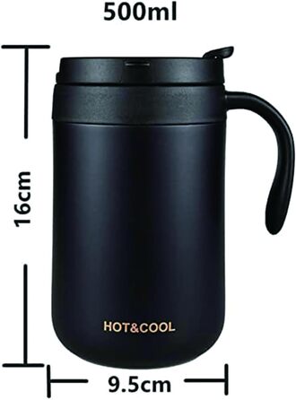 Термокружка з нержавіючої сталі 500 мл з кришкою та ручкою, подвійні стінки, вакуумна ізоляція, для подорожей та кемпінгу (Чорний)