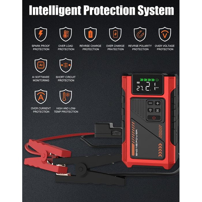 Powerbank для автомобіля з компресором 150 PSI та пусковим струмом 6000A (до 9.0л бензин/7.5л дизель), Jump Starter 12V з LCD дисплеєм, LED ліхтарик, червоний