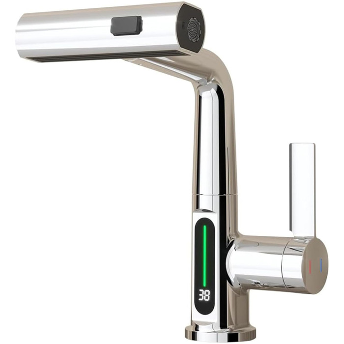 Кран кухонний з витяжною лійкою, 3 режими, LED-індикатор температури, однорідний змішувач, поворот на 360°, кран для мийки, кран кухонний, високий тиск, регульована висота (хром)