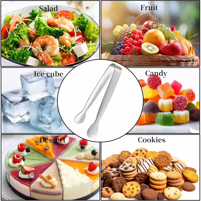 Small Mini Tongs, 10.7 cm, Stainless Steel, small tongs for serving food, durable metal kitchen tongs for ice, salad, toaster, desserts, appetizers, and charcuterie boards (6 pieces)