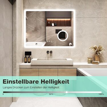 LED дзеркало для ванної кімнати 80x60 см з підсвічуванням, 3 кольори, регулювання яскравості, антизапарник, годинник, 3x збільшення, розетка