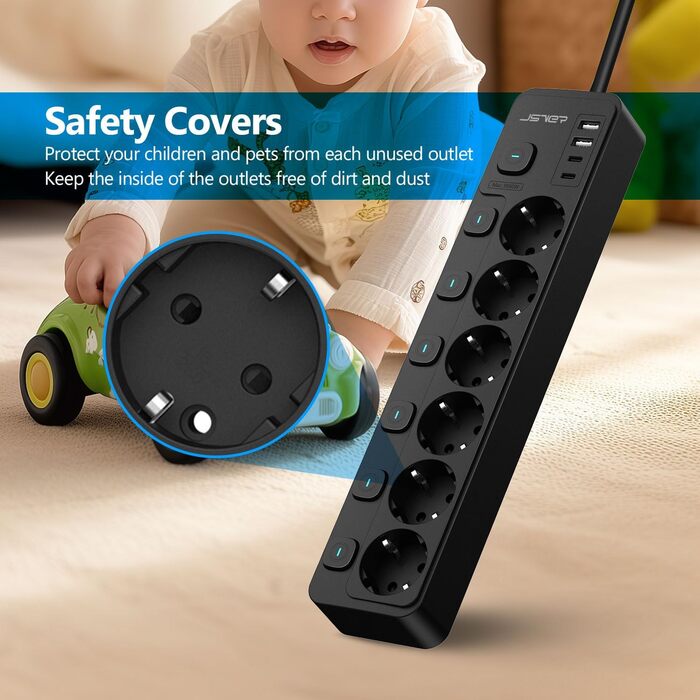 Многорозеткова смуга JSVER 5-портова з індивідуальним вимикачем, 2 USB-A та 2 USB-C (17W), розширювач на 2м для смартфонів, ноутбуків - білий (чорний 6-портова)