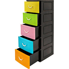 Chest of drawers 44x50x127 cm with 5 large XXL drawers, 40 liters per drawer, with fronts in beautiful candy colors and a modern look. Made from recyclable PP plastic (Black / Candy, Weave) for the environment.