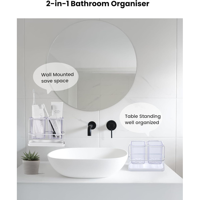 KONE Toothbrush Holder, Wall Mount, Bathroom, Hanging Electric Toothbrush Holder with 2 Removable Compartments, Drainage, Dry and Wet Separation for Bathroom, Kitchen, Family (white)