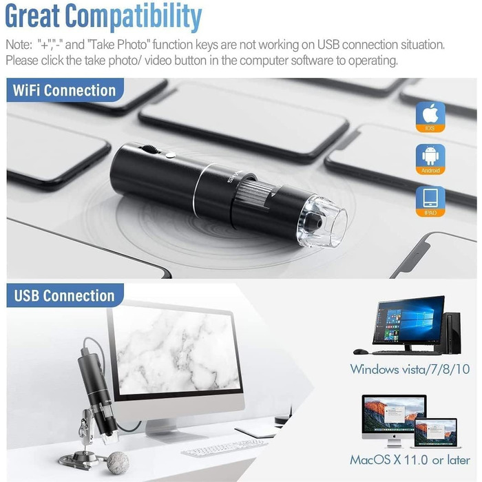 Цифровий мікроскоп Skybasic з Wi-Fi, 50x-1000x, 2.0 MP, 8 LED, сумісний з Android/iOS/Windows/MAC