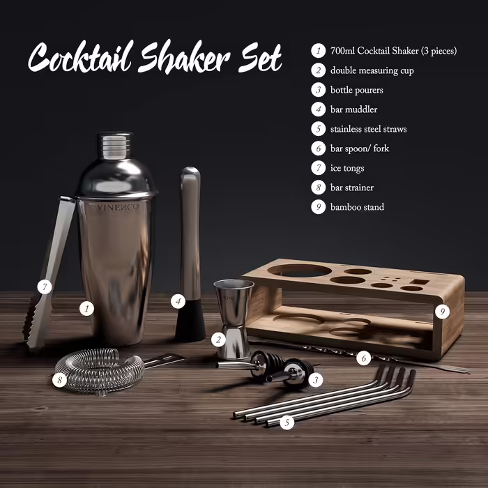 Cocktail Shaker Set with Stand & Recipe Book: Premium Stainless Steel Bar Cocktail Set, Cocktail Shaker, Measuring Jigger, Straws, Bar Spoon, Muddler | Bartender Bar Set Cocktail Accessories Gift for Women Men