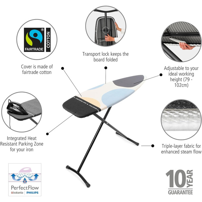 Прасувальна дошка Brabantia Bügelbrett D для парогенератора з термостійкою поверхнею, регульована висота, міцний каркас, Spring Bubbles, 135 x 45 см
