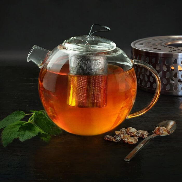 Скляна чайник Creano 1.2л з підставкою, 3-секційна з нержавіючої сталі та ситечко, для листового чаю, без крапель (1000мл)