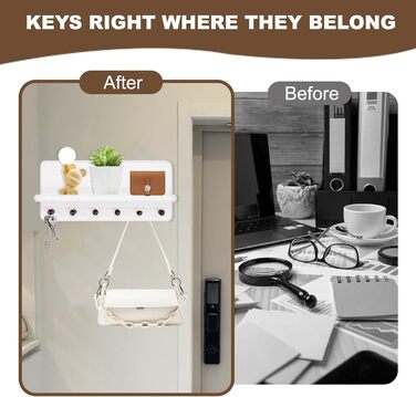 Дерев'яне ключниця з полицею та 6 гачками, ключниця на стіну для прихожого, коридору, кухні (білий)