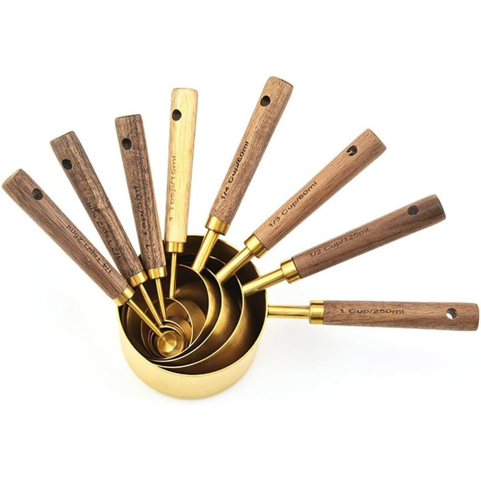 8-Piece Stainless Steel Baking Tool Set, Measuring Cups, Measuring Spoons, Wooden Handle, Kitchen Utensils for Coffee Powder