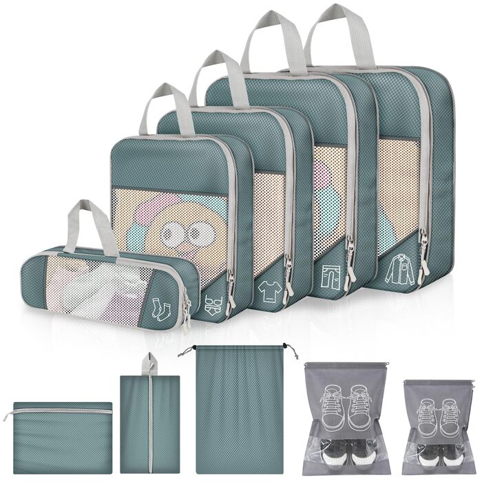 Органайзер для валізи, 9 шт. Комплект компресійних пакувальних кубів з чохлом для взуття, водонепроникні та дихаючі, сірі