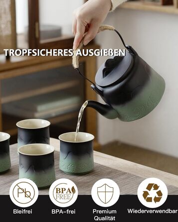 ZENS Design Japanese Teapot, 1000ml Gradient Embossed Japanese Teapot Ceramic with Built-in Strainer and Hemp Rope Handle for Loose Tea Steeper, Gift for Tea Lovers, Black & Bean Green (Black & Bean Green, 1000ml Teapot & 4 of 200ml Cups)