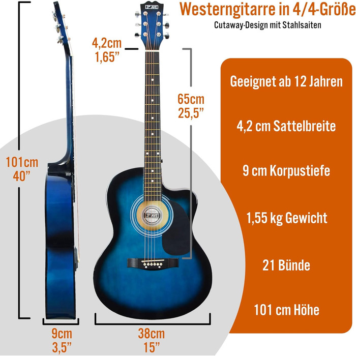 Акустична гітара 3rd Avenue 4/4 з вирізом, для початківців – комплект з чохлом, ремінком, медіаторами та запасними струнами, колір натуральний
