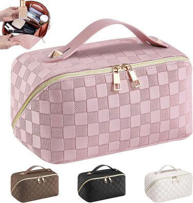Косметичка для подорожей жіноча, велика містка, з PU шкіри, органайзер для макіяжу, косметичка-рюкзак, аксесуари для подорожей, рожеана в клітинку