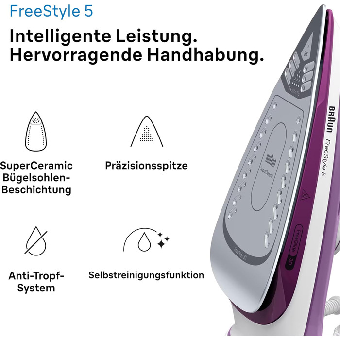 Праска з живленням від пари Braun FreeStyle 5 SI 5037 VI - потужний відпарювач з підошвою Freeglide 3D, вертикальним відпарюванням, 2700 Вт, 200 г/хв, резервуар 330 мл, фіолетовий