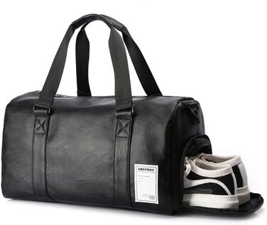 UBAYMAX Leather Sports Bag for Men, Travel Bag with Shoe Compartment and Wet Compartment, 37L Weekender Bag Carry-on Bag Training Bag Fitness Bag, Gym Bag Black