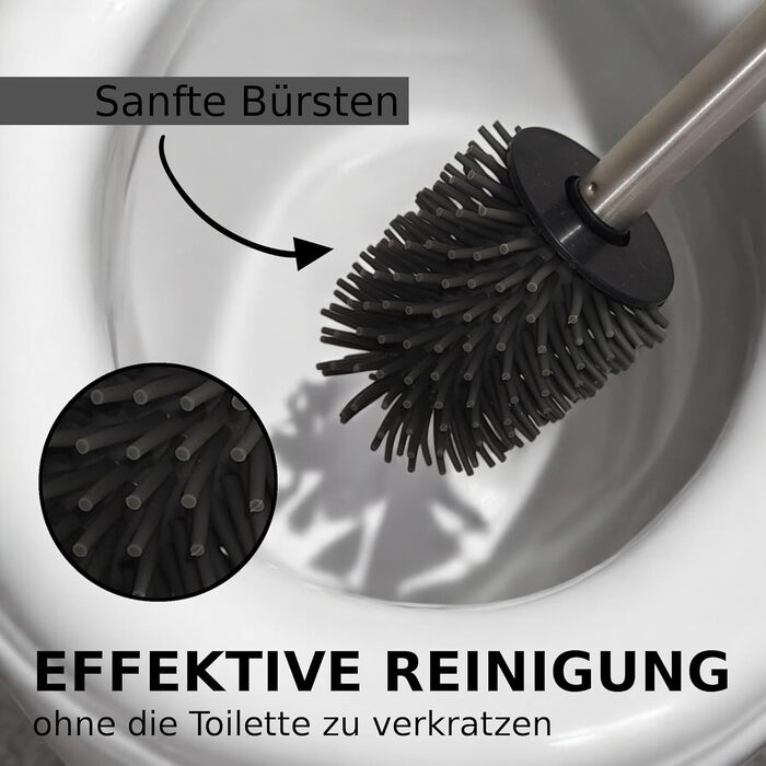 Торцева щітка для унітазу з нержавіючою ручкою - комплект з 2 насадками для ванної кімнати. Стійка, кругла щітка для туалету. Гігієнічна, антибактеріальна (чорний)