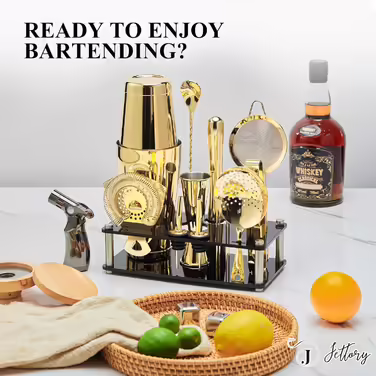 Boston Shaker Set - 10-Piece Stainless Steel Cocktail Shaker Set with Acrylic Base, Hawthorne Strainer, Ice Tongs, Bar Spoon, Jigger, Muddler - Perfect for the Home Bar (Gold)