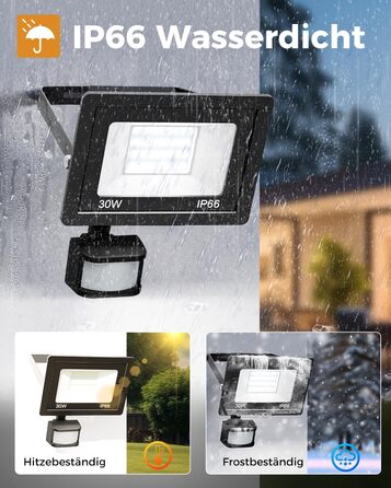 LED прожектор з датчиком руху для вулиці, 30Вт, суперяскравий, з пультом, водонепроникний IP66, 6500K холодне світло, для саду, гаража, двору, настінний, 2 шт.